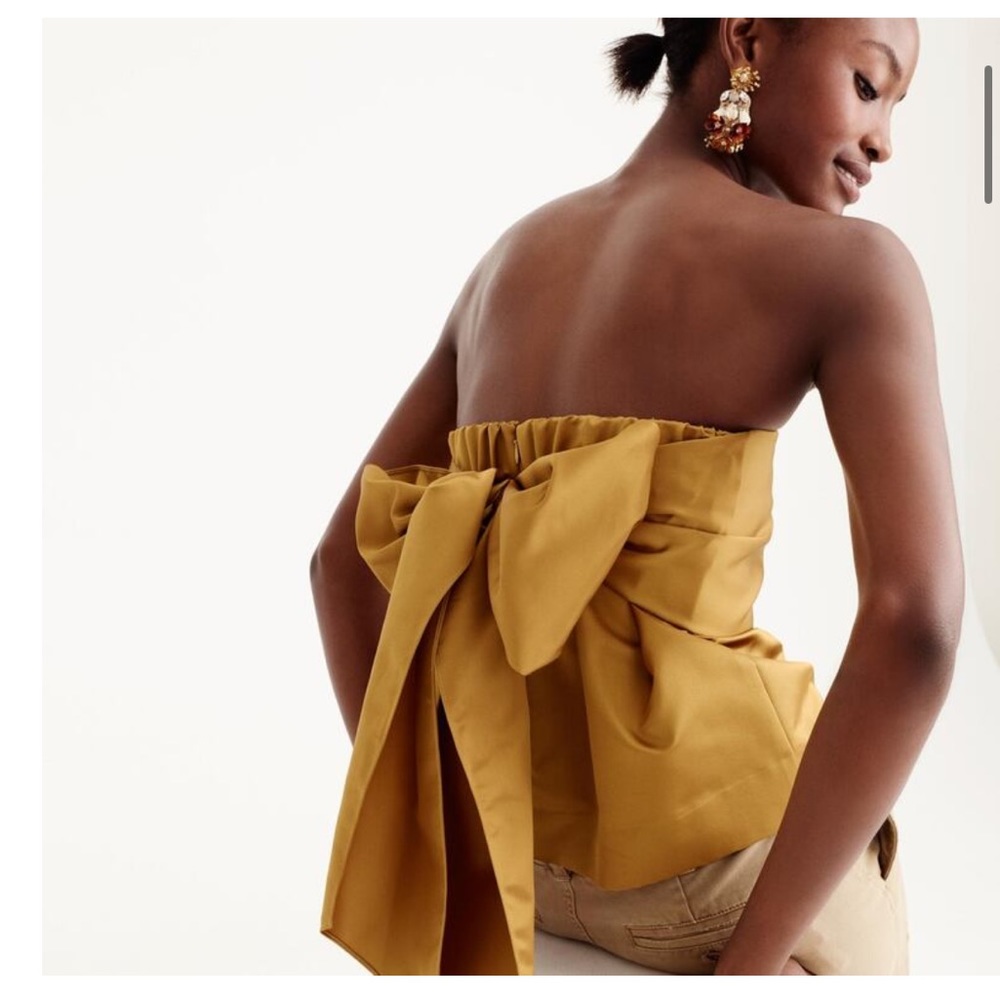 J. Crew Satin Strapless Gold Back Bow Tie Sash Blouse